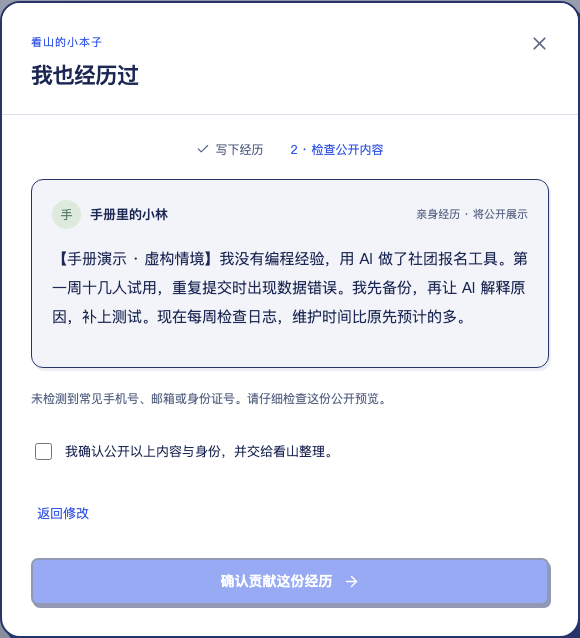 贡献的公开预览窗口,显示对外身份、待确认的公开正文,以及必须勾选的公开确认项